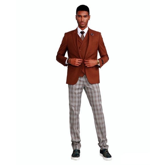 Tazio Skinny Suit 3pc Plaid Dress Pants, Camel